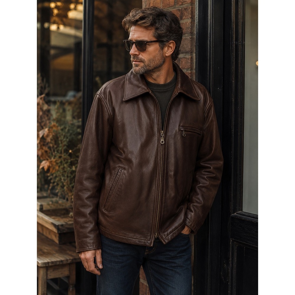 Wilsons Leather Mens Brown Vintage Bomber Jacket Full Zip Adjustable Waist L